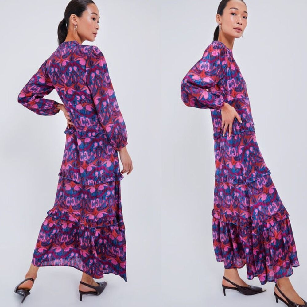 Oliphant Kazak Mock Neck Multicolor Print Tiered Long Sleeve Maxi Dress Size M - Picture 7 of 11